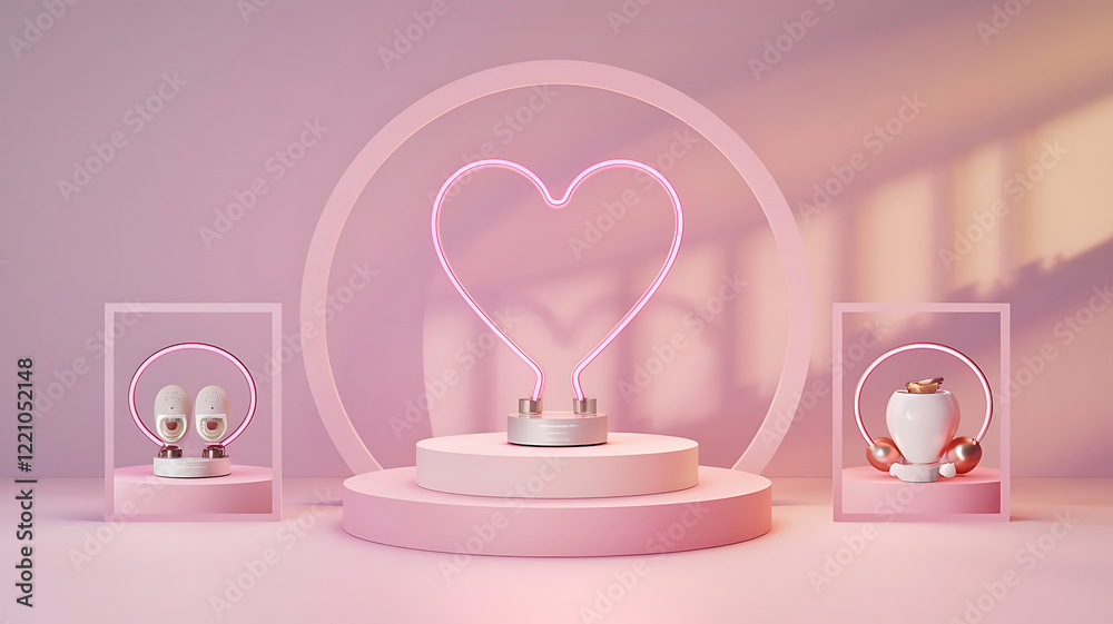 Cosmetic Product Display Neon Heart and Pink Platforms Cosmetic Product Display Neon Heart and Pink Platforms