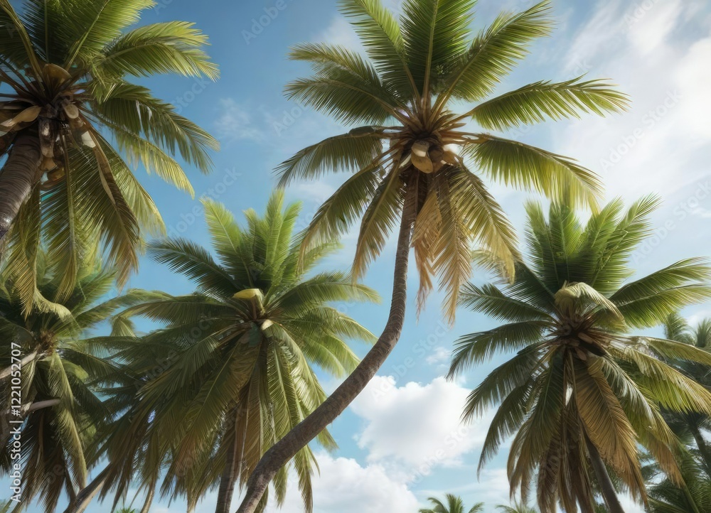 A coconut tree with coconuts and leaves stretching towards the sky, foliage, nature A coconut tree with coconuts and leaves stretching towards the sky, foliage, nature