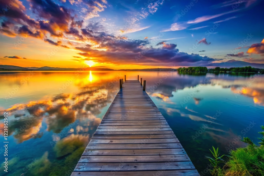 Obraz premium Surreal Sunset Lake: Empty Dock, Dreamlike Colors, Peaceful Waterscape