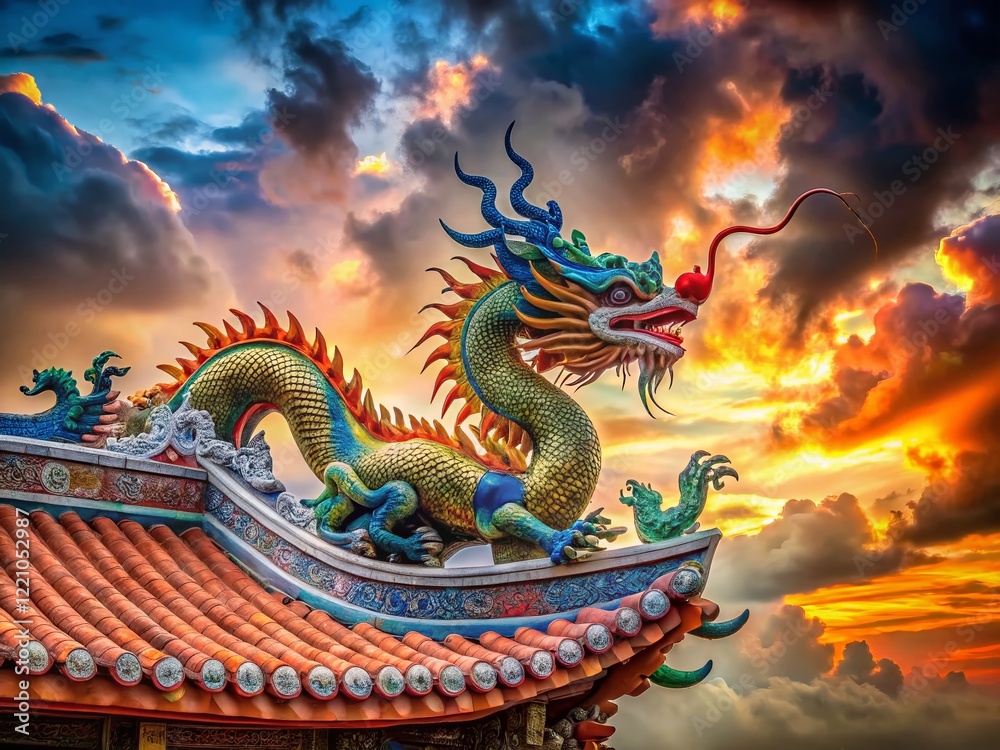 Fototapeta premium Surreal Chinese Dragon Statue on Temple Roof: Mystical Asian Art