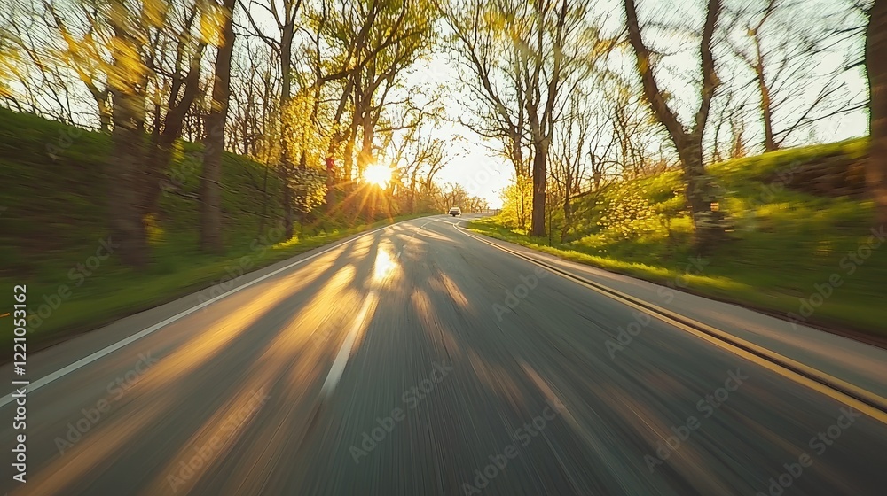 Fototapeta premium Sunset Drive Through A Wooded Area Road