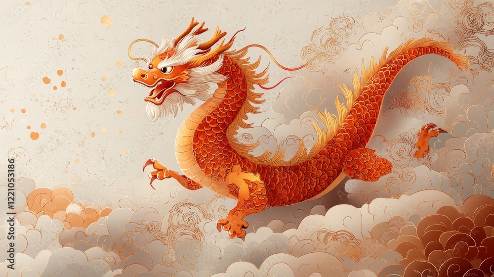 Obraz premium A Lunar New Year design featuring a golden dragon, with abstract red and gold patterns, minimalistic elements