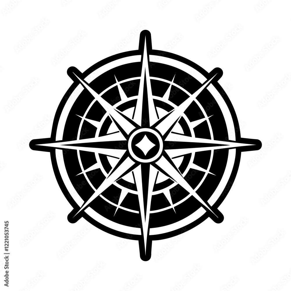 A glyph style icon of a celestial compass