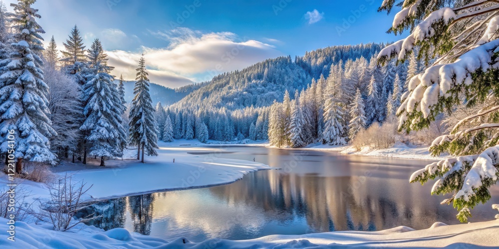 Fototapeta premium Snowy forest with bare trees and frozen lake in the background, surrounded by snow-covered hills and pine trees