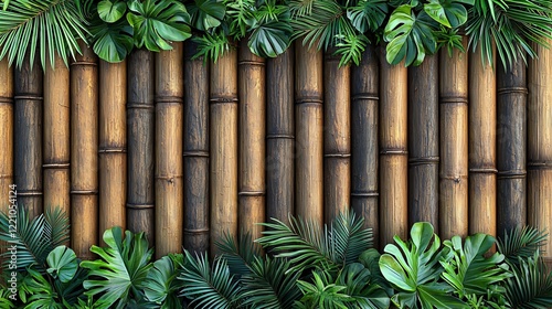 Fototapeta Naklejka Na Ścianę i Meble -  Bamboo fence with green leafy borders, for a nature background and natural designs
