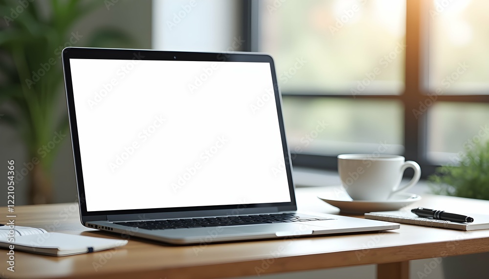 Fototapeta premium Modern Laptop Mockup on Wooden Desk with Blank Screen, white Coffee Cup, and Notebook with pen
