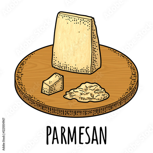 Pieces of cheese parmesan on wood board. Vector color vintage engraving illustration isolated on white background.