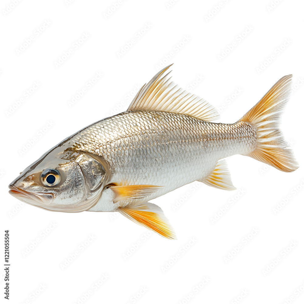 Angled view full body shot of an extremely perfect looking single Ocean Whitefish isolated on a white transparent background Angled view full body shot of an extremely perfect looking single Ocean Whitefish isolated on a white transparent background