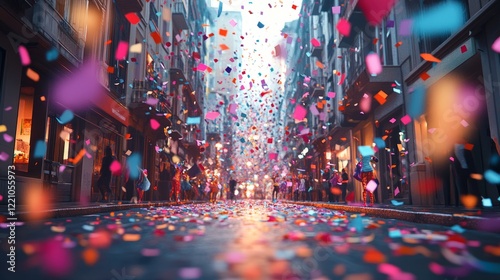  A minimalist Rio Carnival scene featuring colorful confetti falling over a calm street, abstract dancer figures in the background 