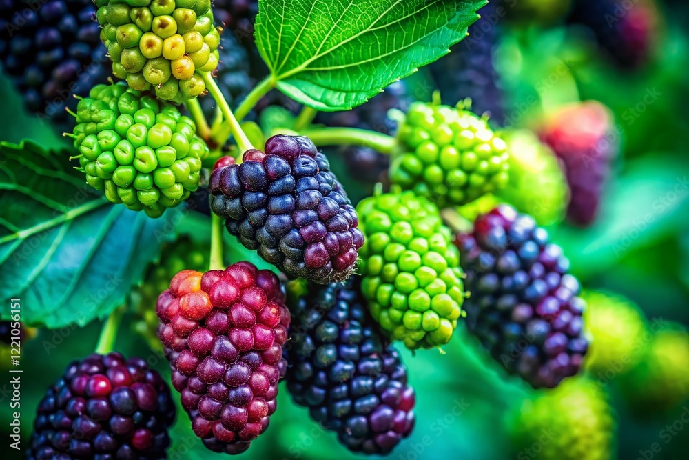 Surreal June Mulberry Harvest: Ripe and Unripe Berries in Dreamlike Setting Surreal June Mulberry Harvest: Ripe and Unripe Berries in Dreamlike Setting