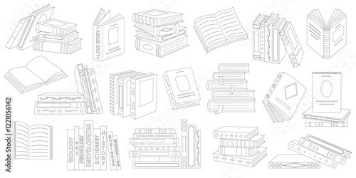 Coloring book of collection of cute different books. Stacks and piles of books. Educational and fiction literature. Library, bookstore. Vector illustration isolated on white background.