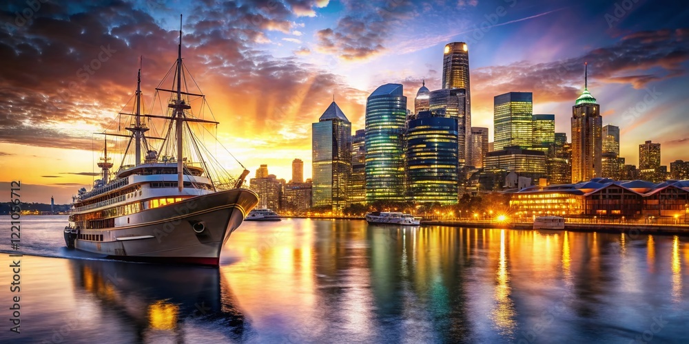 Fototapeta premium Sydney Darling Harbour Ship: Double Exposure Cityscape Stock Photo