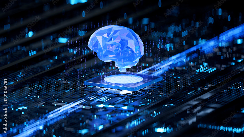 AI brain on circuit board symbolizes cognitive computing and technological intelligence. 3d rendering, conceptual image.
