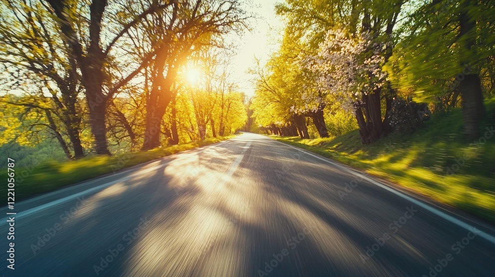 Fototapeta premium Sunlit Road Through Springtime Tree Lined Avenue