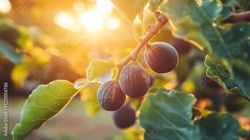 A fig tree branch with figs, with a blurred sunset in the background