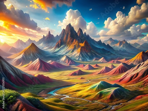 Surreal Panorama: Dreamlike Mountains & Fields