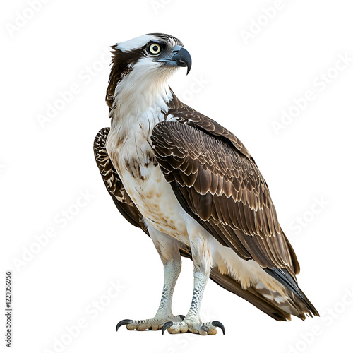 Angled view full body shot of an extremely perfect looking single Osprey isolated on a white transparent background photo