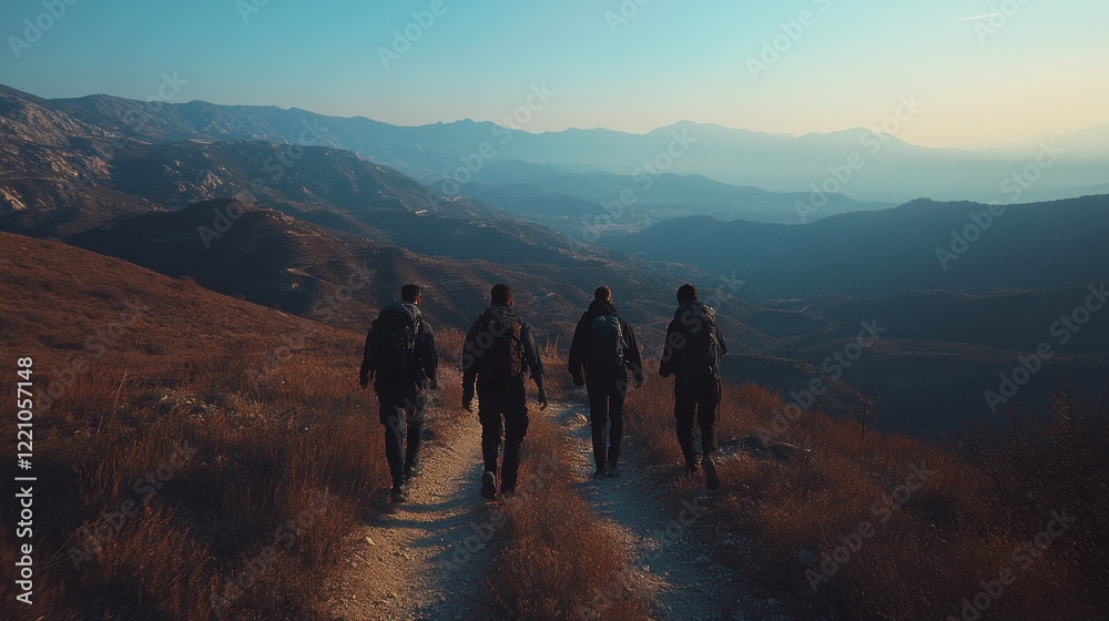 Obraz premium Four Hikers Trek Across Mountain Trail Landscape