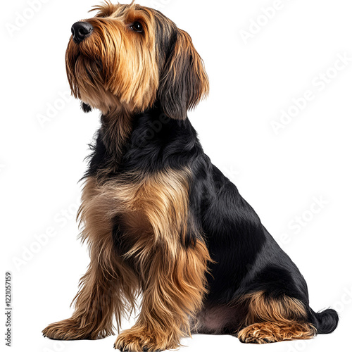 Angled view full body shot of an extremely perfect looking single Otterhound isolated on a white transparent background photo