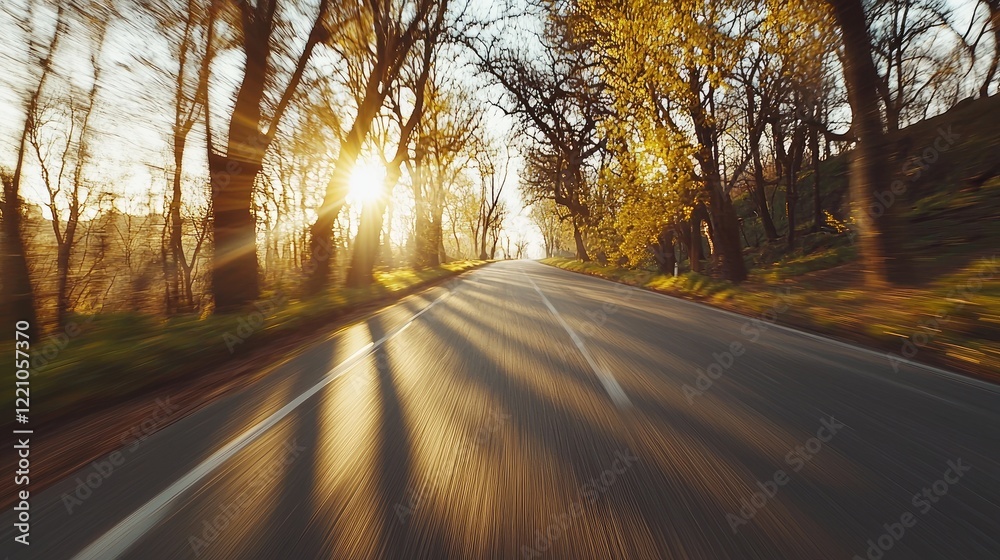 Fototapeta premium Sunlit Road Through Autumn Trees at Sunset