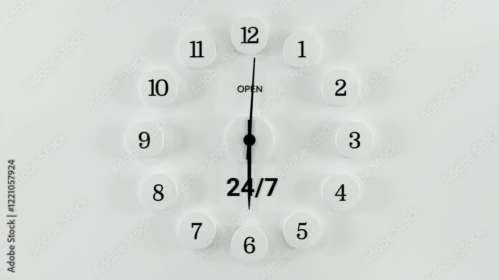 Clock 24 hours 7 days open. Seamless.Text numbers. White clock looping 3d Animation