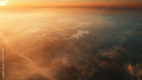 Aerial view of a polluted urban sprawl, a sea of haze obscuring the landscape, [smog impact], [air pollution].