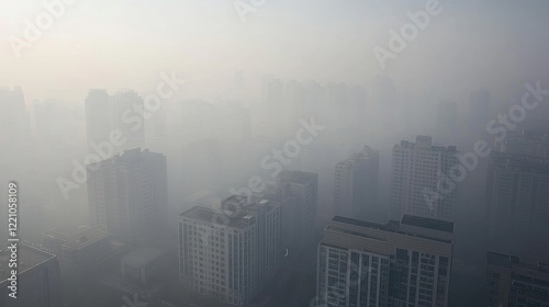 Aerial view of a polluted urban sprawl, a sea of haze obscuring the landscape, [smog impact], [air pollution].
