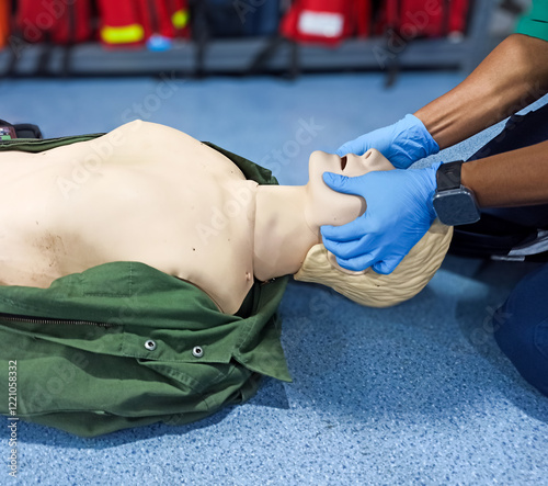 First aid CPR training clear airway with jaw thrust technique.