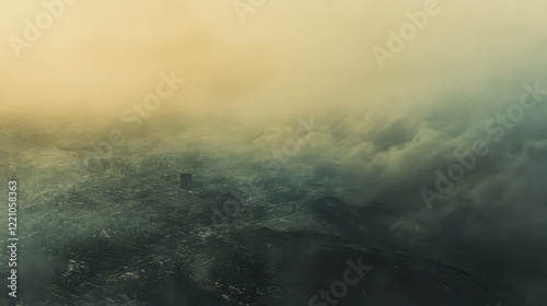 Aerial view of a polluted urban sprawl, a sea of haze obscuring the landscape, [smog impact], [air pollution].
