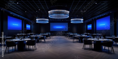 Modern event space with dark interiors, round tables, chairs, screens, and chandeliers.