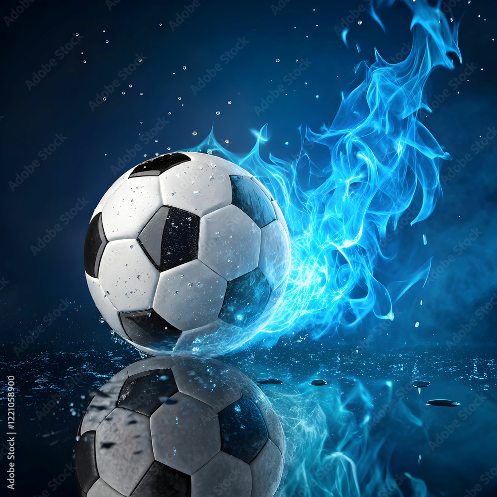 Fototapeta premium soccer ball on blue fire rotating with reflection