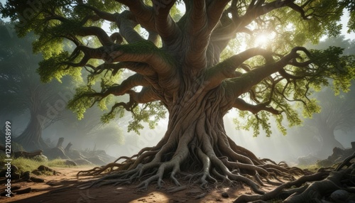 A massive tree with thick, knotted roots and tangled vines , twisted, roots, knots photo