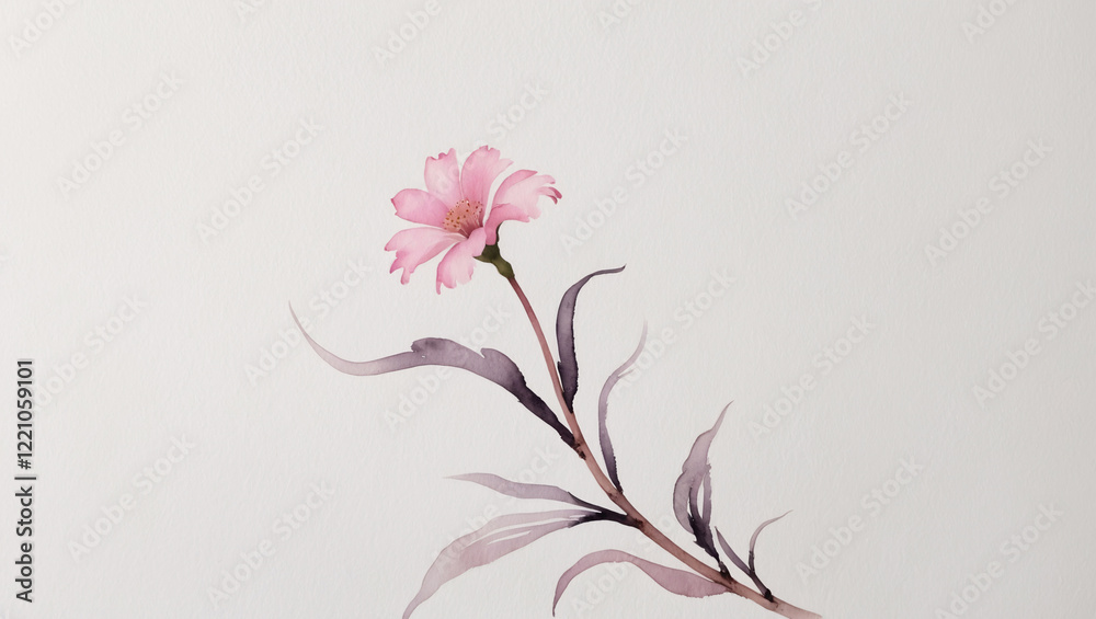 Fototapeta premium Vintage Traditional Watercolor Painting of Pink Flower with Green Stem on White Background Featuring Soft Timeless Brush Strokes