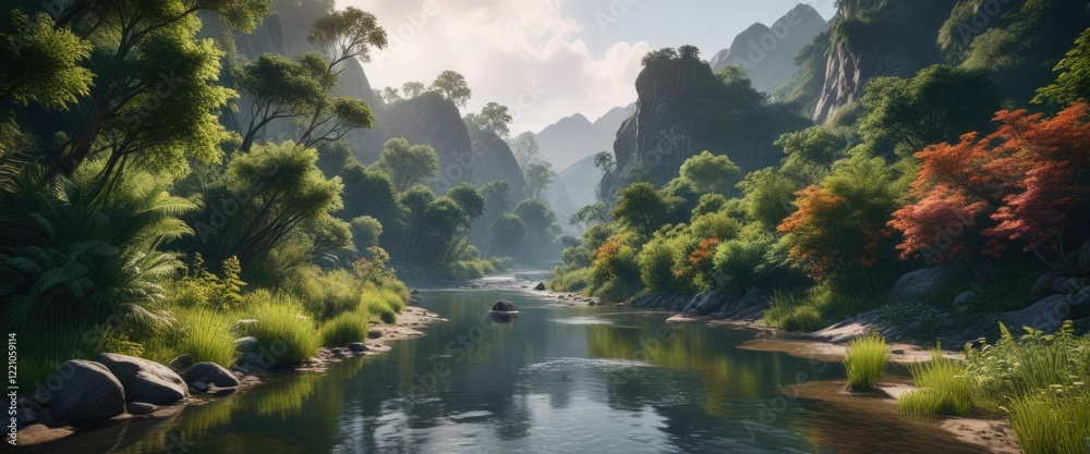Lush vegetation lining the banks of a winding river, forest stream, greenery Lush vegetation lining the banks of a winding river, forest stream, greenery