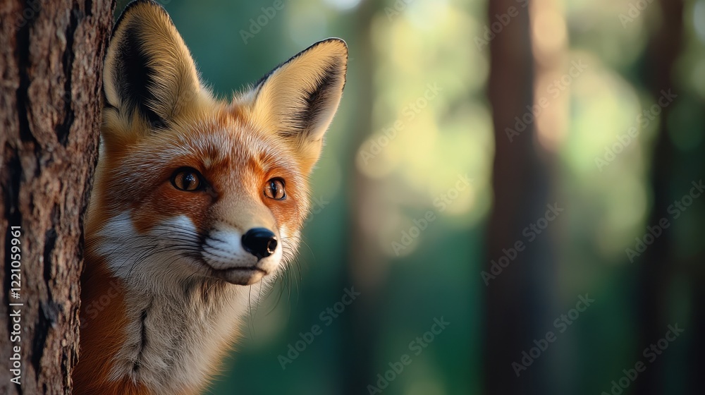 Red Fox in Forest: A captivating portrait of a red fox peering from behind a tree trunk, its intense gaze and lush fur highlighted by the soft light filtering through the forest canopy.  
