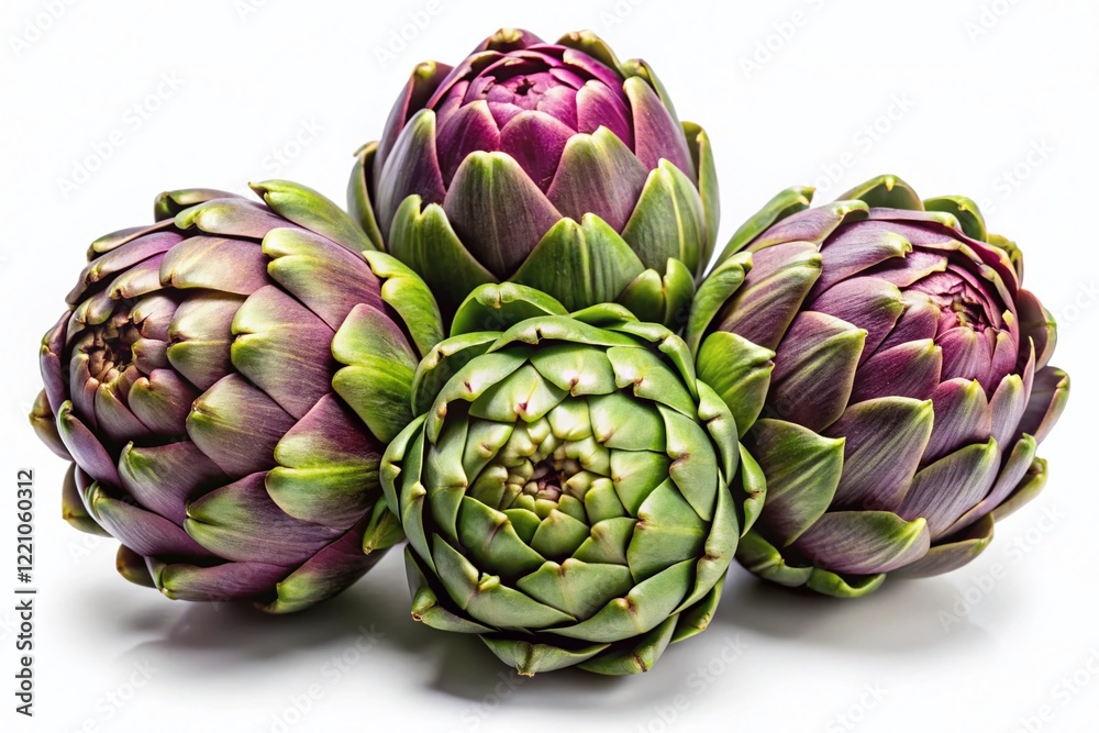 Fototapeta premium Three French Artichoke Buds, Isolated, Low Light, White Background Stock Photo