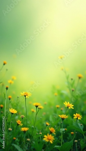 Gentle misty meadow with blending of greens and yellows, gradients, flowers, gentle