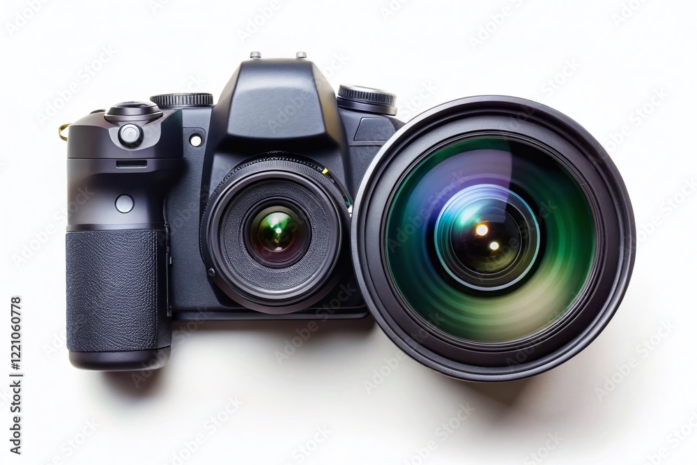 Top View DSLR Camera & Lens Isolated on White Background - Photography Equipment Stock Photo Top View DSLR Camera & Lens Isolated on White Background - Photography Equipment Stock Photo