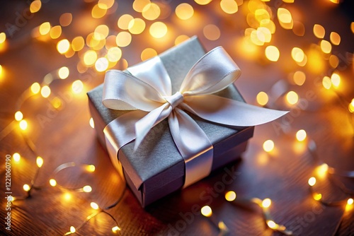 Top View Elegant Gift Box White Ribbon Bokeh Background Festive Present