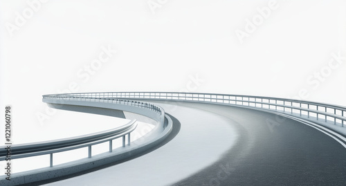 A winding elevated road with smooth pavement and guardrails on both sides. The road forms a large arc in the distance, with the bright sky in the background.