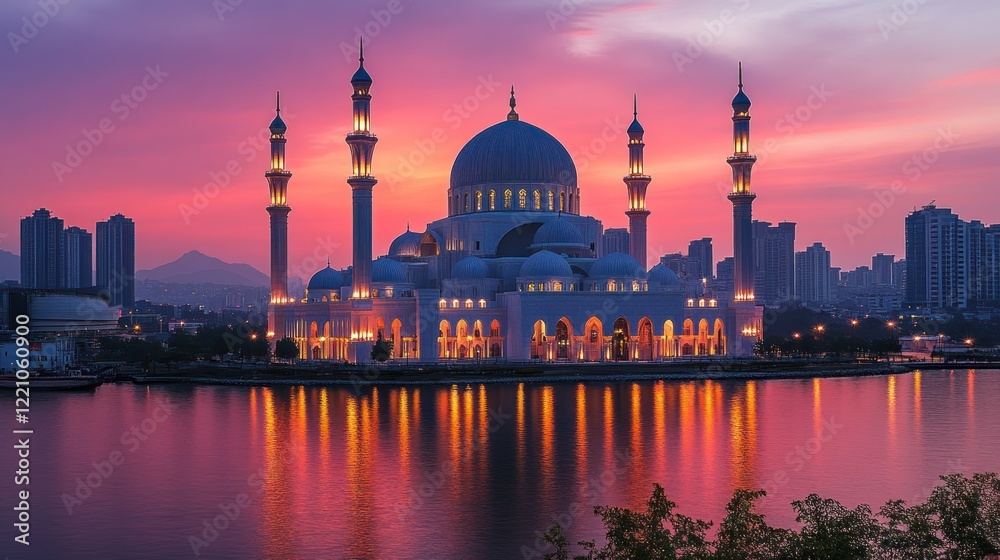 Obraz premium Majestic Mosque at Sunset Reflecting in Calm Waters