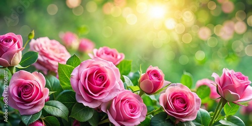 Tilt-Shift Photography: Elegant Pink Roses & Leaves on Decorative Background - Floral Design
