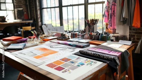 Wallpaper Mural A colorful and well-organized designer's table, featuring fashion drawings, fabric swatches, and other creative tools in a bright, inspiring workspace. Torontodigital.ca