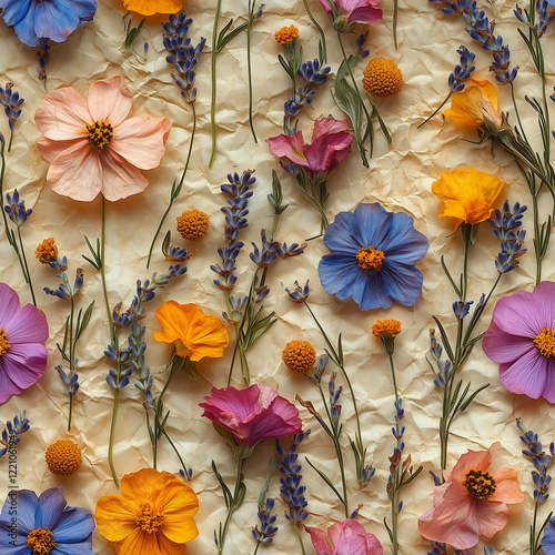 Seamless colorful floral pattern with cosmos, lavender, and daisies on textured background for botanical designs