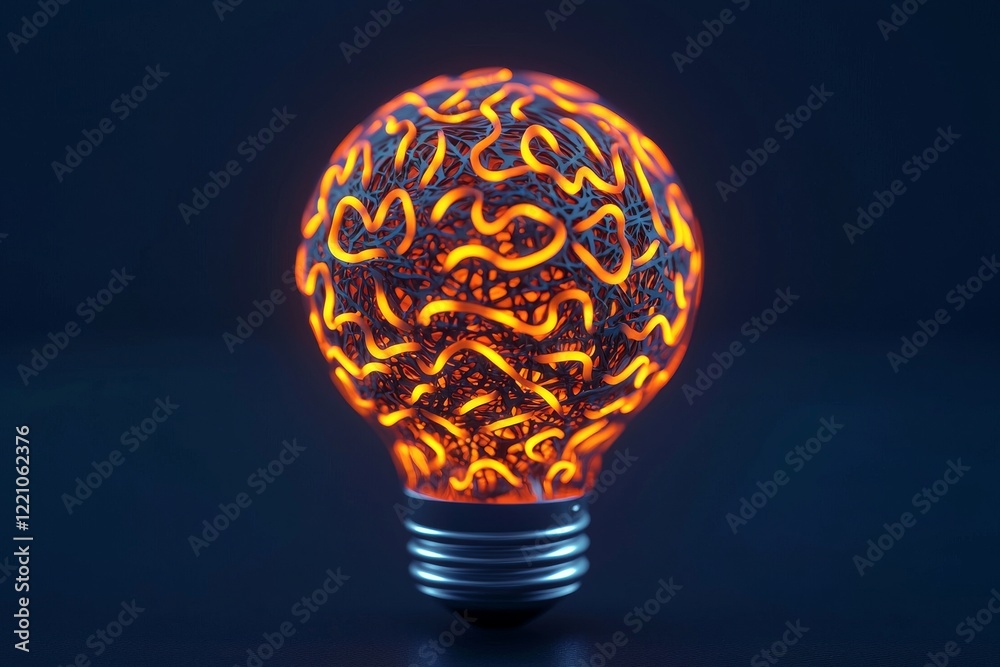 A creatively designed incandescent light bulb with intricate patterns glowing in vibrant orange against a dark backdrop. A creatively designed incandescent light bulb with intricate patterns glowing in vibrant orange against a dark backdrop.