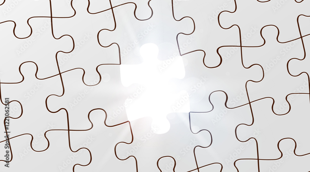 White jigsaw puzzle game texture incomplete or missing piece and light beams. Top view. White jigsaw puzzle game texture incomplete or missing piece and light beams. Top view.