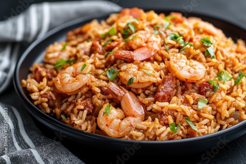 american lusiana jambalaya with with shrimp and sausage photo