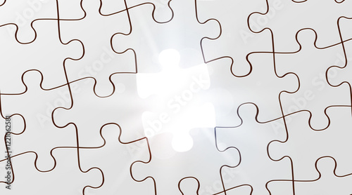 White jigsaw puzzle game texture incomplete or missing piece and light beams. Top view.