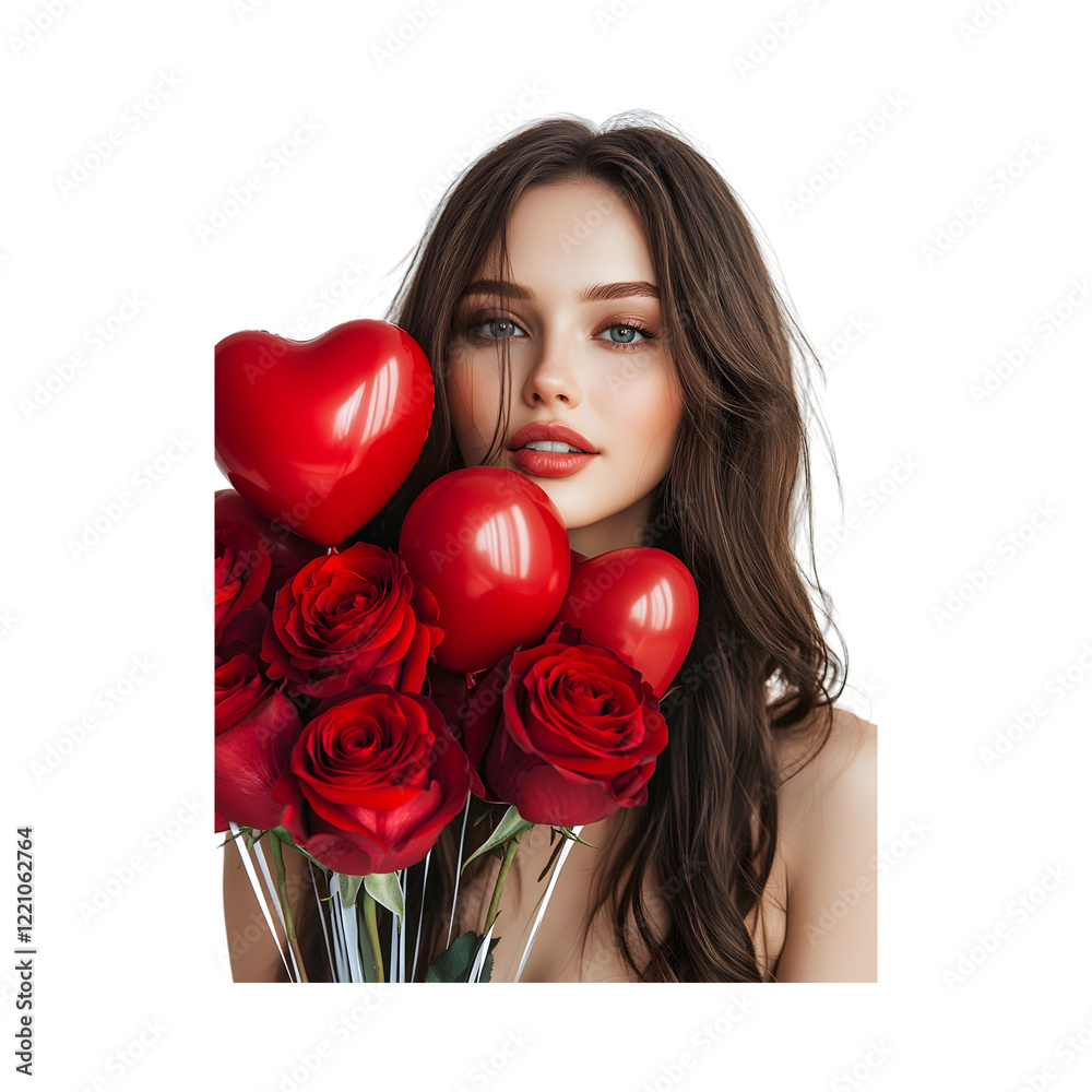 Brunette Female Holding Heart-Shaped Balloon with Red Roses Isolated on Transparent Background Brunette Female Holding Heart-Shaped Balloon with Red Roses Isolated on Transparent Background