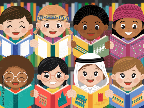 Diverse children reading books in library setting with colorful background